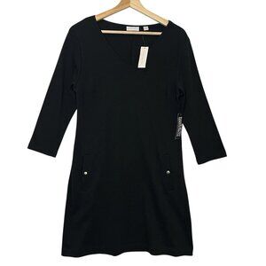 New York & Company Knee Dress Medium Size Black Stretch V Neck Cotton Pockets